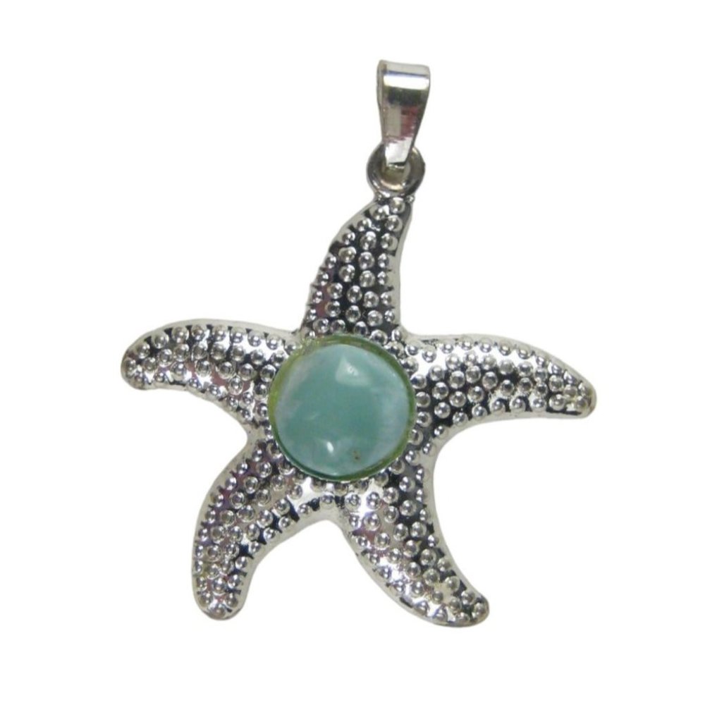 Starfish Blue Glass Cabochon Pendant ONLY In Silvertone Modern Ocean Beach